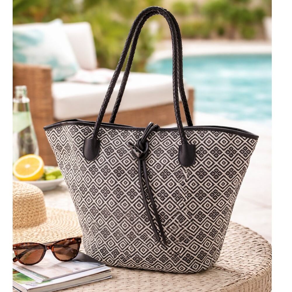 Neiman Marcus Raffia Tote Bag Black Diamond Weave Leather Handles